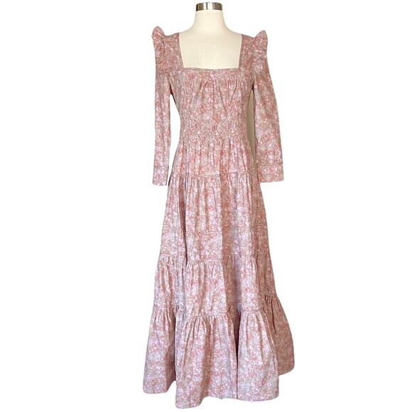 LOVESHACKFANCY Lyna Maxi Dress Tan Garden Cotton Ruffle Floral Pink S 4-6 Sample - Picture 2 of 14
